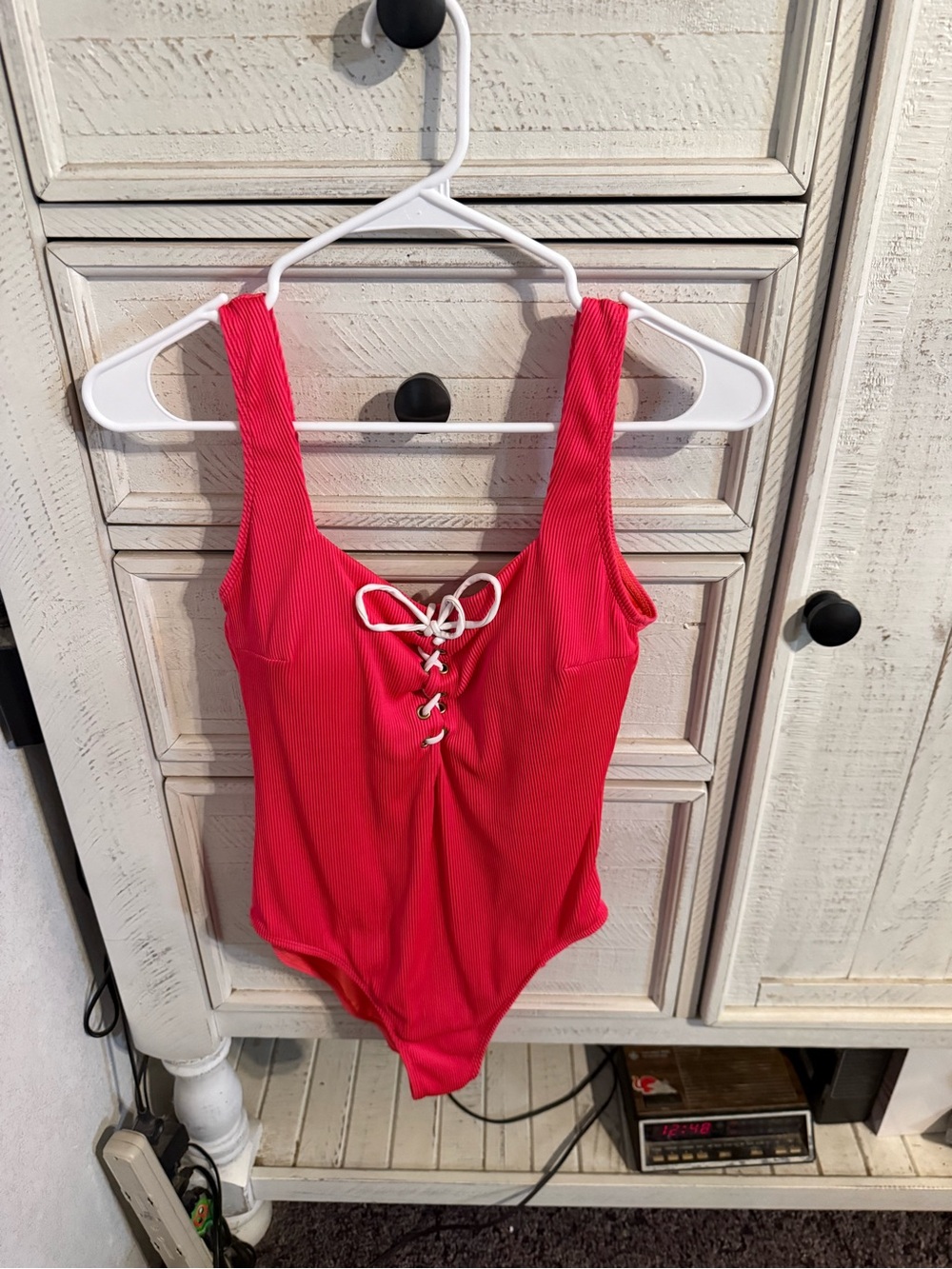 Ribbed Lace-Up One-Piece Swimsuit in Hot Pink